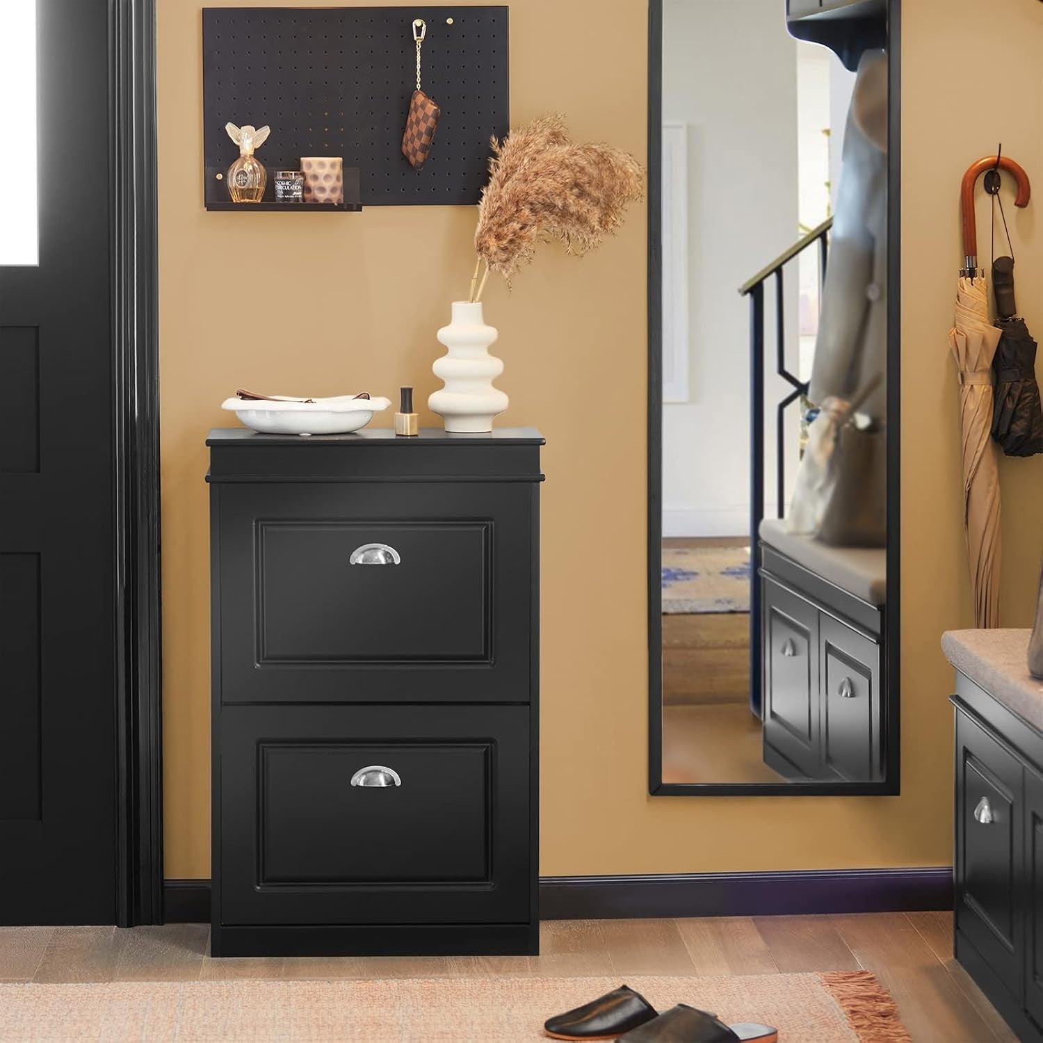 2-Drawer Slim Shoe Cabinet with Flip Drawers, 54x24x82 cm Black