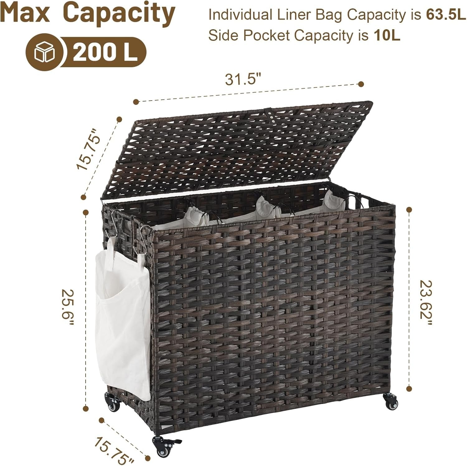 200L Rattan Laundry Hamper with Wheels Lid 3-Section Removable Bags Brown