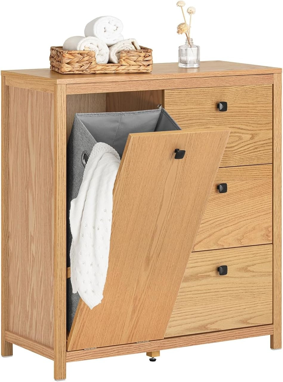 Wooden Bathroom Storage Cabinet with Laundry Basket & 3 Drawers 80×35×90cm