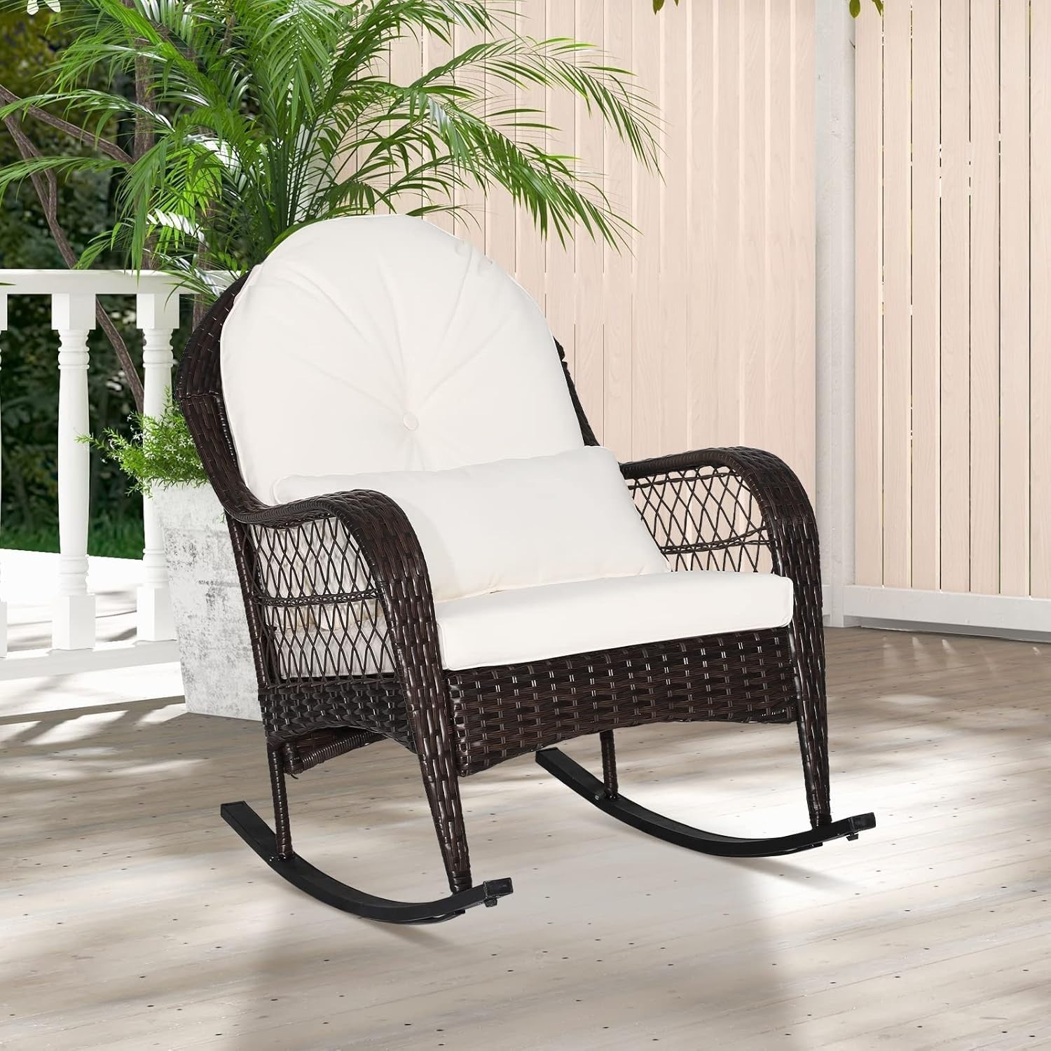 Outdoor Rattan Rocking Chair Patio Lounge Seat Cushioned Garden Deck