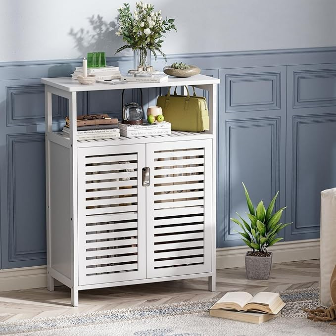 White Bamboo Storage Cabinet with Shutter Doors & Open Shelf 60x30x80cm