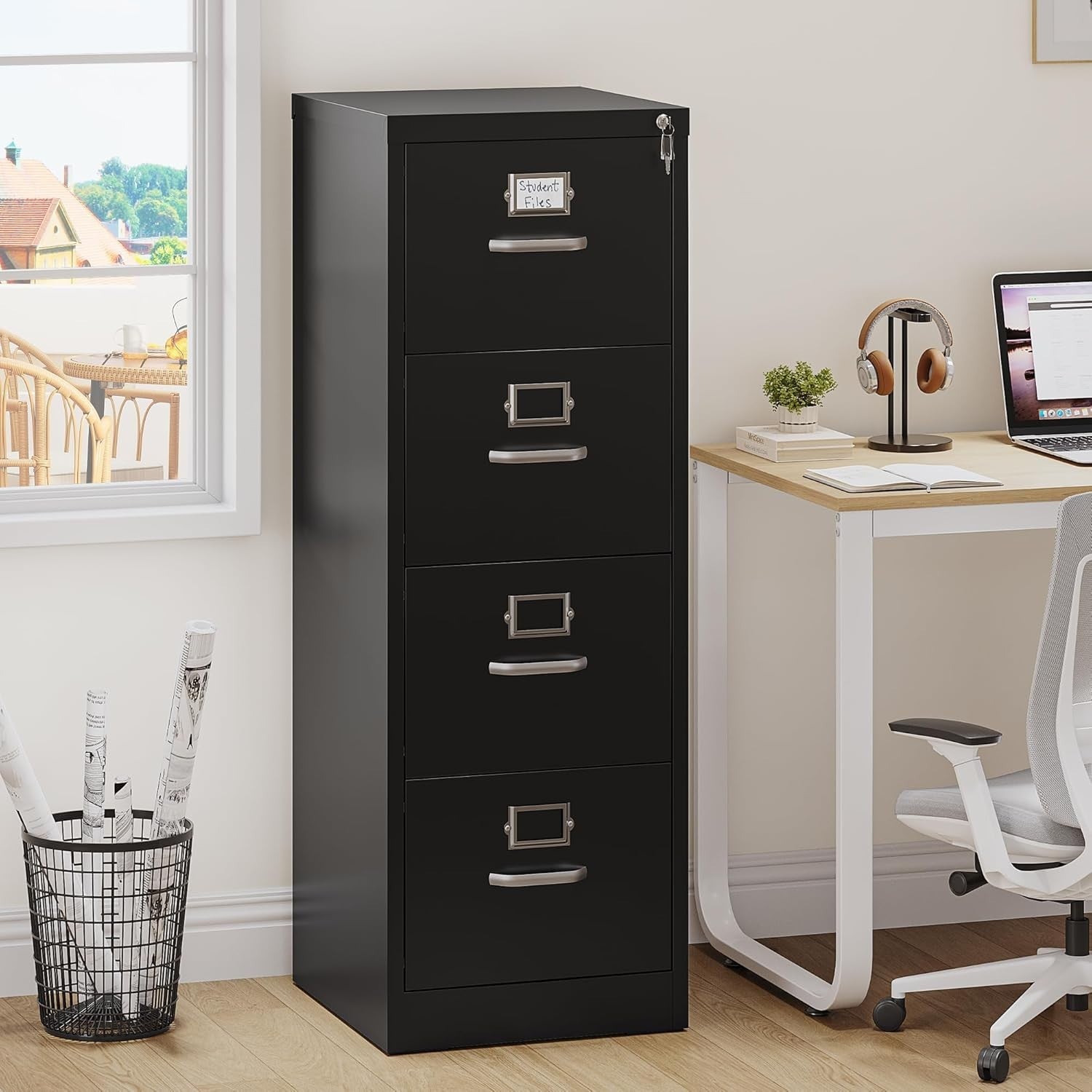 Black 4 Drawer Locking Filing Cabinet Steel A4 Legal Vertical Storage Safe