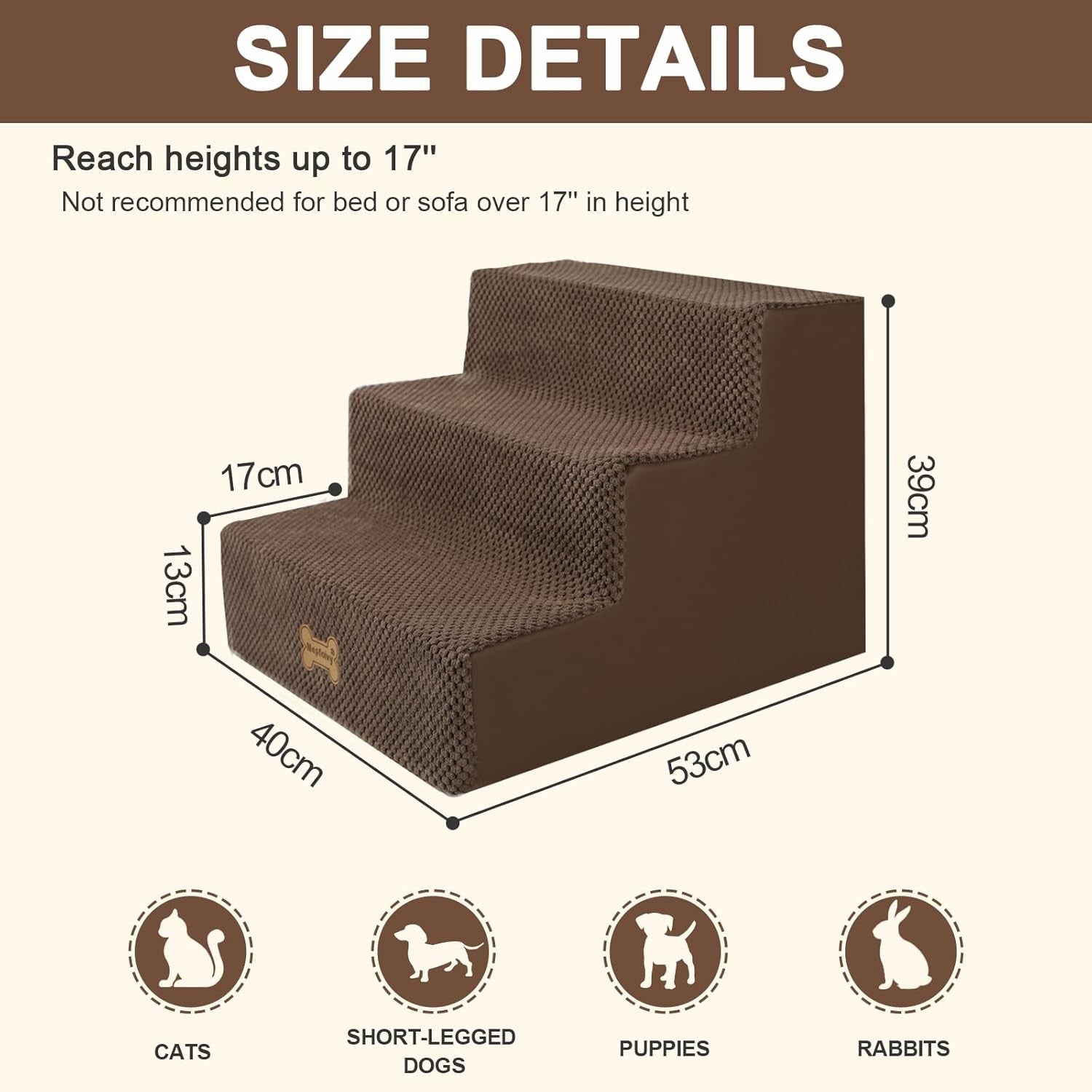 3-Step Dog Stairs Non-Slip Pet Ramp for Small Dogs Brown
