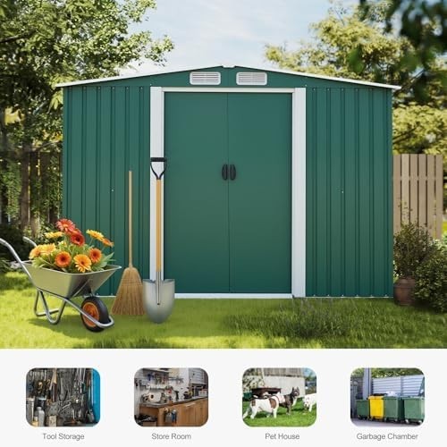 Lockable 8x6ft Metal Garden Shed with Sliding Doors & Ventilation Windows