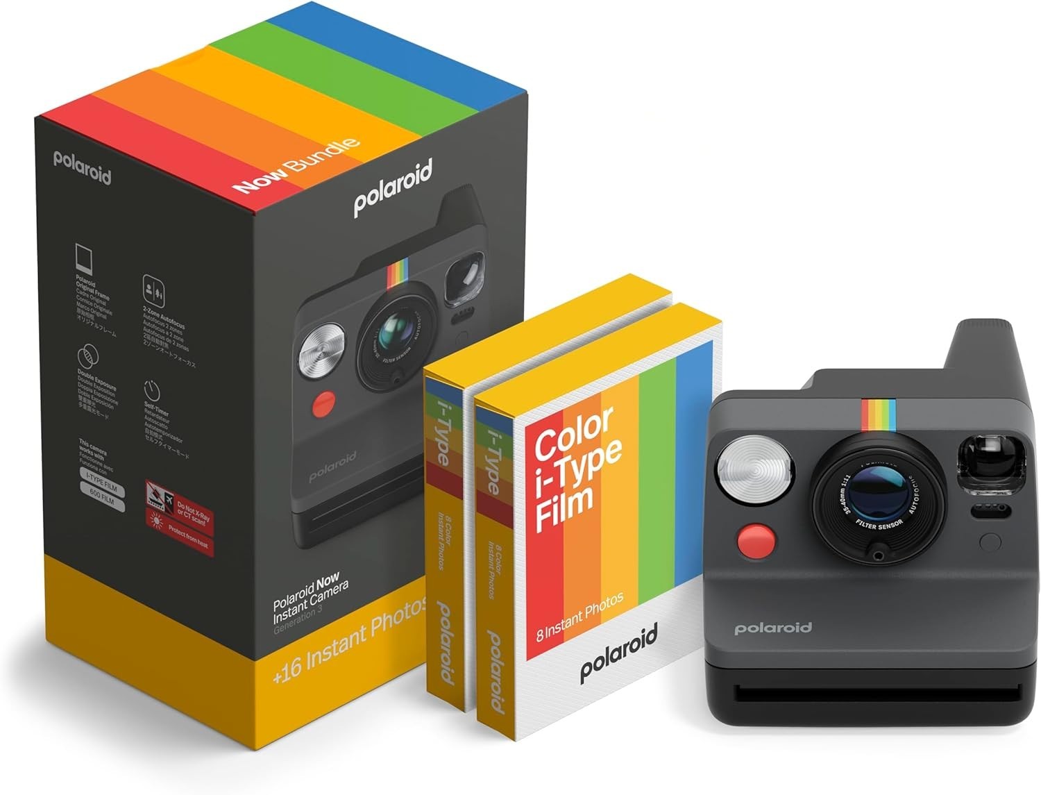 Instant Camera Bundle Black with Color Film 16 Photos Autofocus