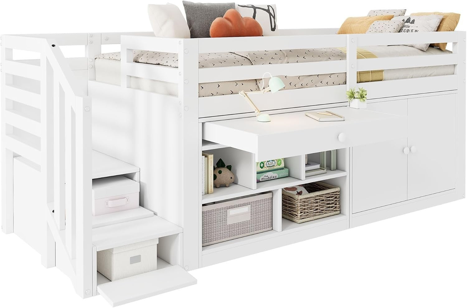 Midsleeper Kids Bed with Storage Drawers, Desk & Stairs, White 90x190cm Wood Fra