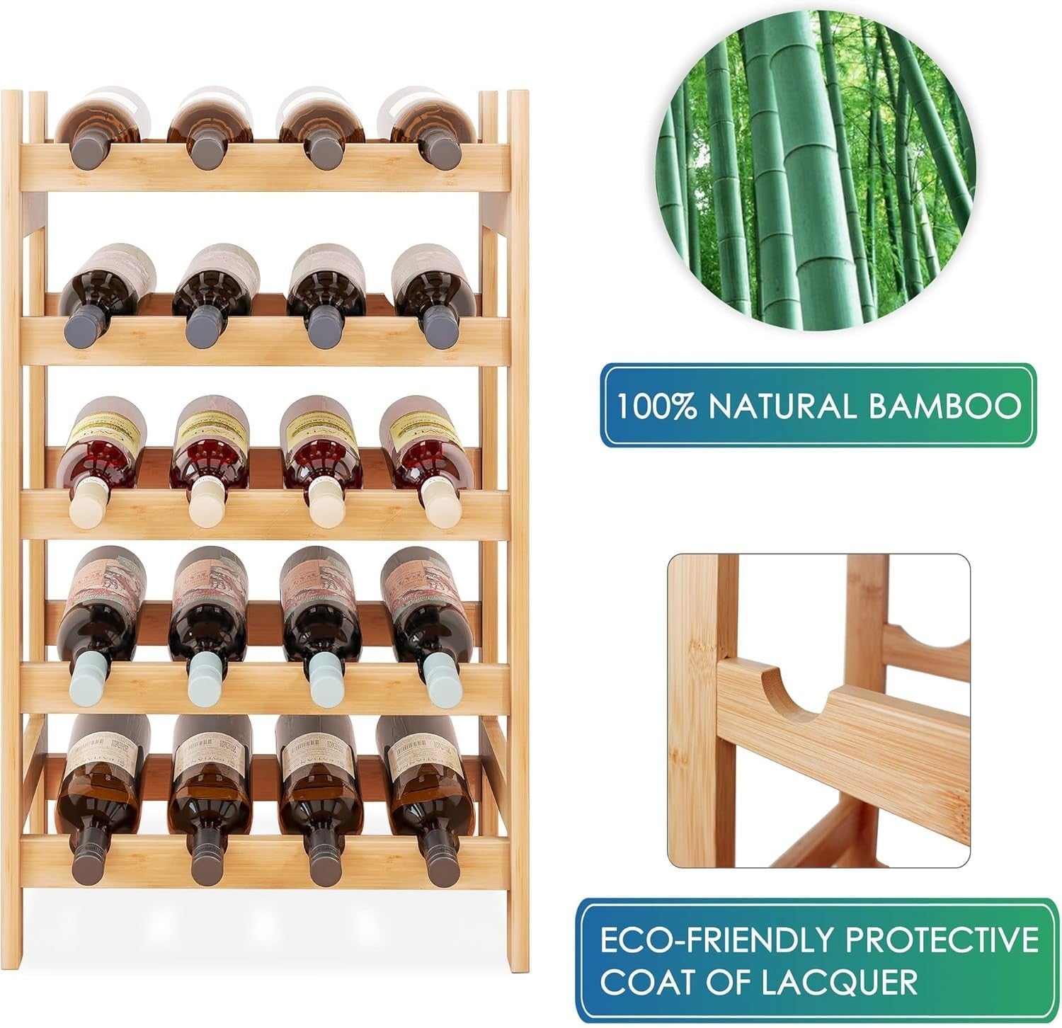 5 Tier Wooden Wine Rack 20 Bottle Storage Shelf Free Standing Natural Wood