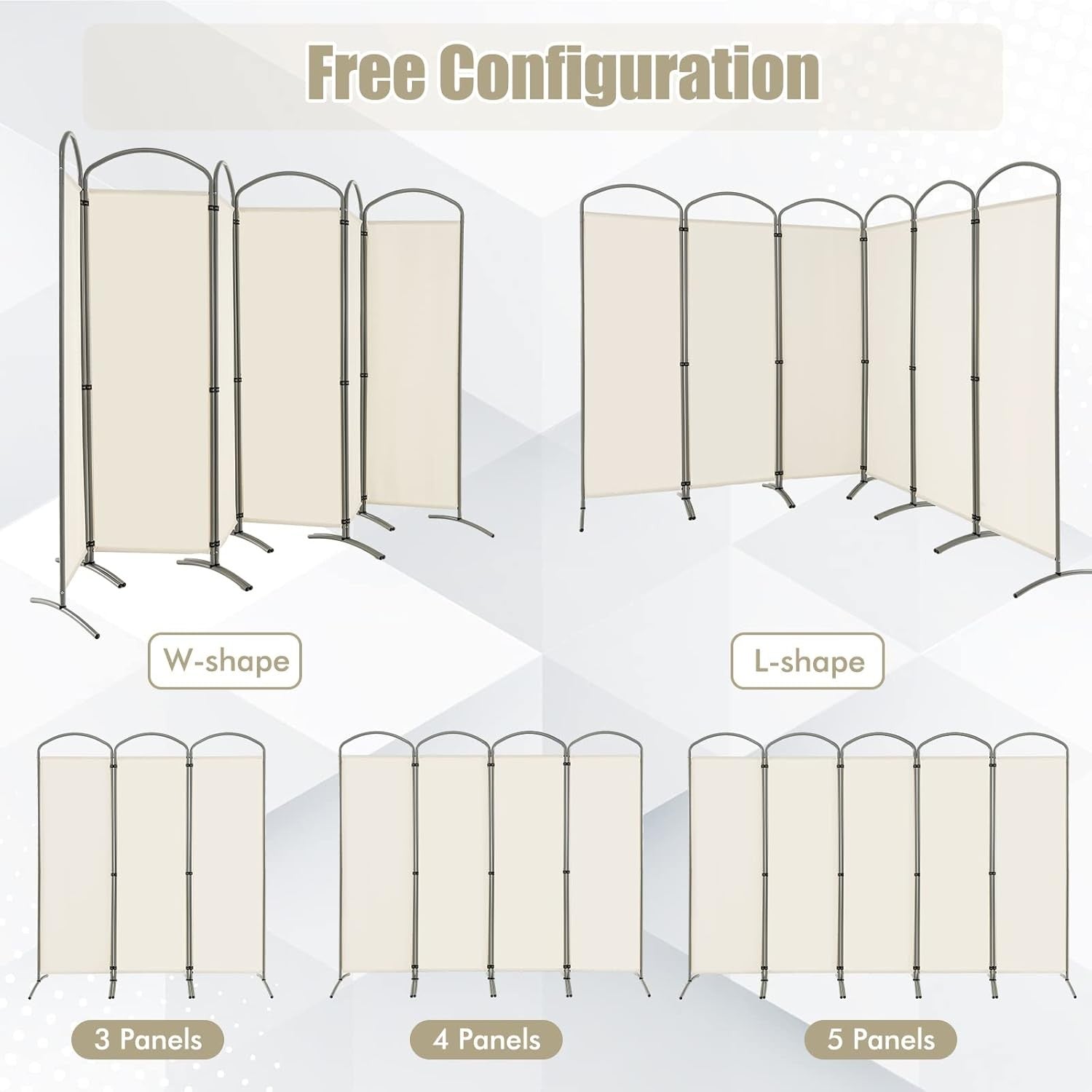 6 Panel Cream Folding Room Divider Privacy Screen for Bedroom Office 188cm High