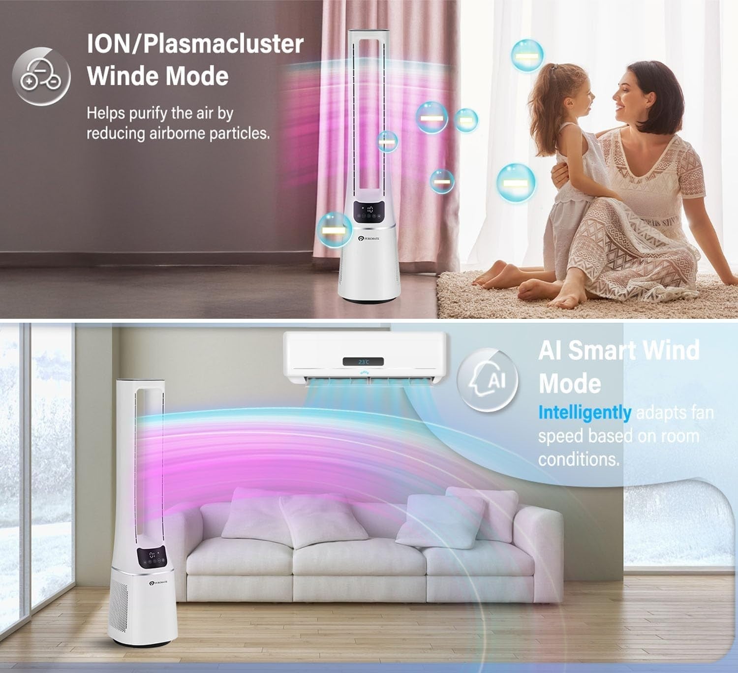 2-in-1 Bladeless Tower Fan Air Purifier HEPA Filter 10-Speed Remote White Quiet