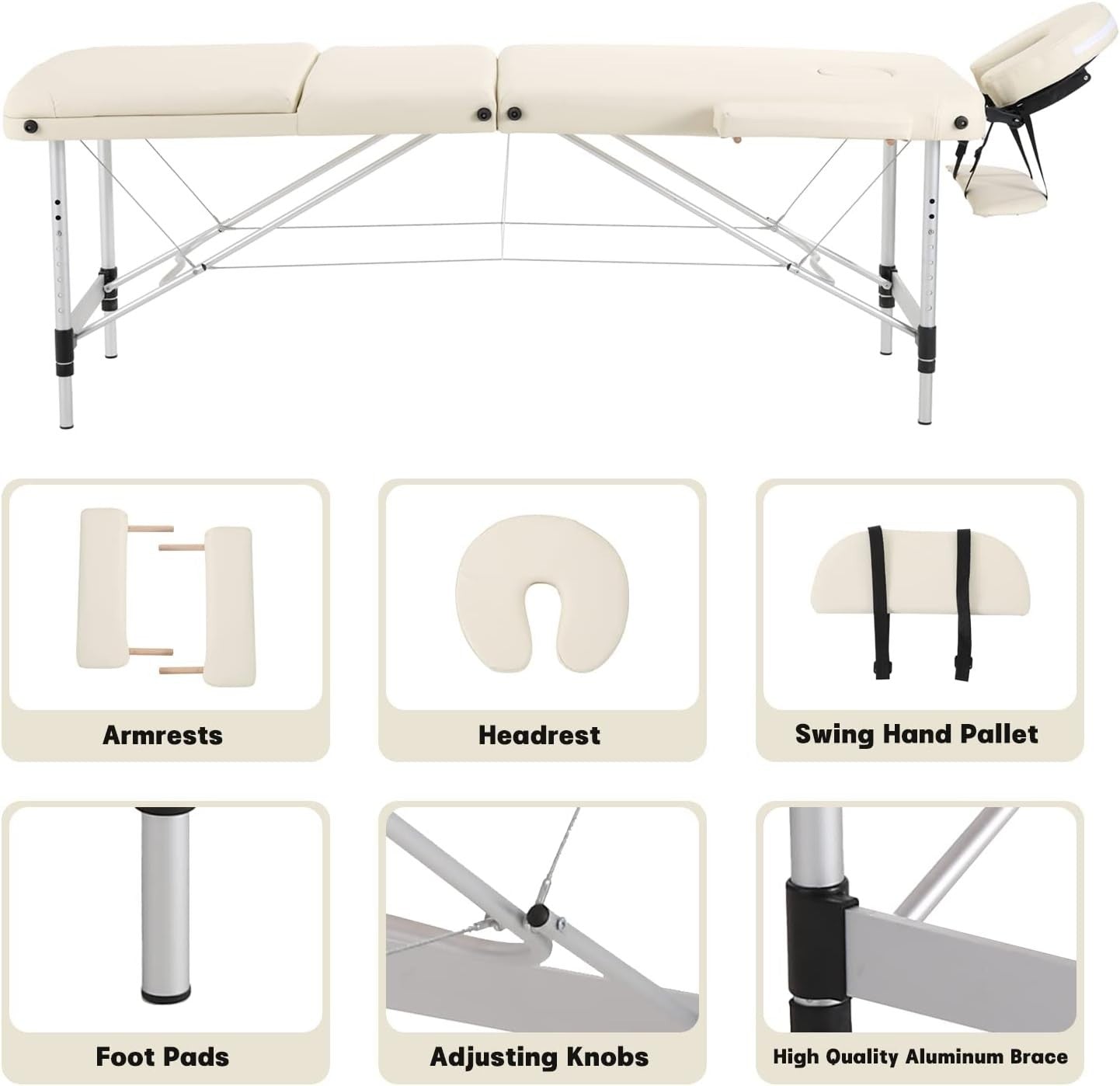 Portable Massage Table Foldable 3-Section Aluminium Therapy Bed w/ Backrest