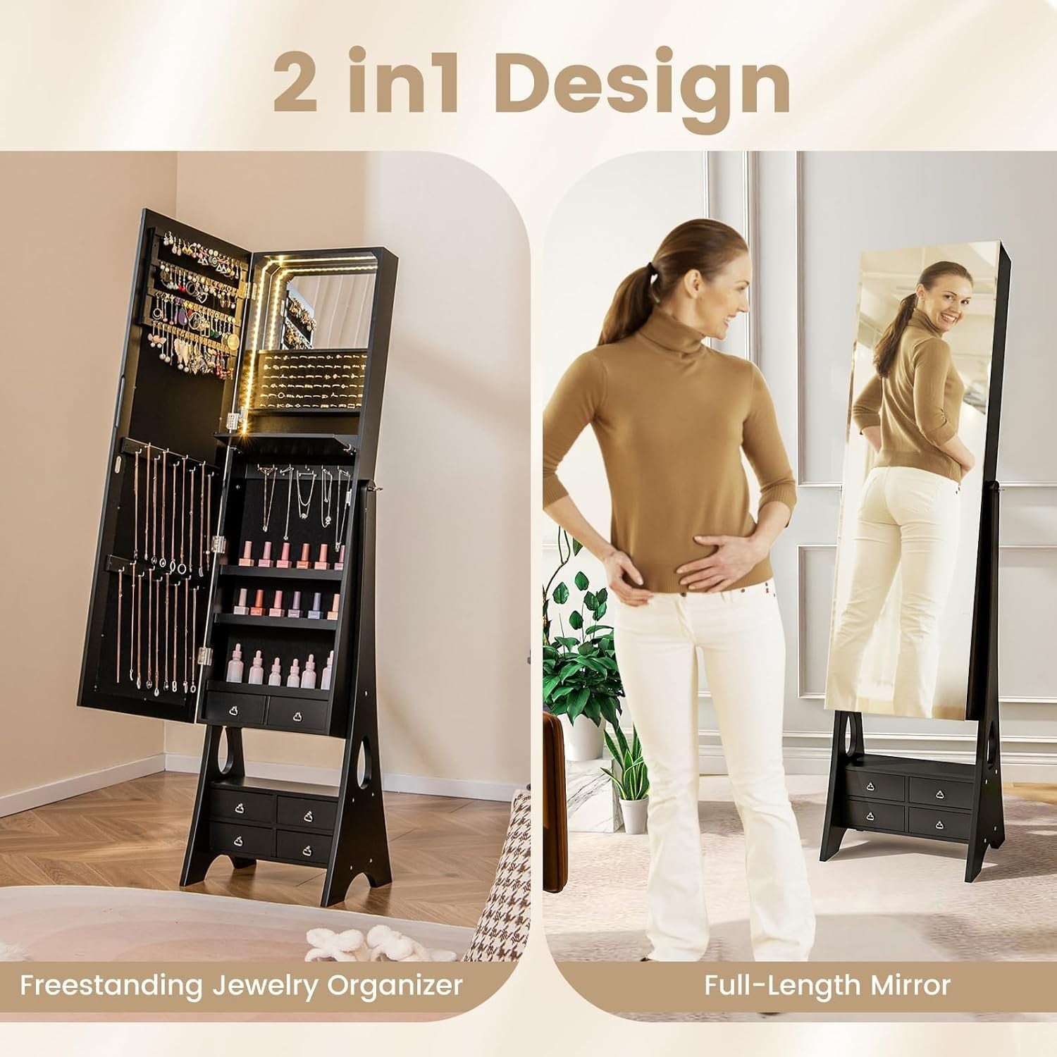 Black Freestanding Jewelry Armoire LED Mirror Large Storage Organizer