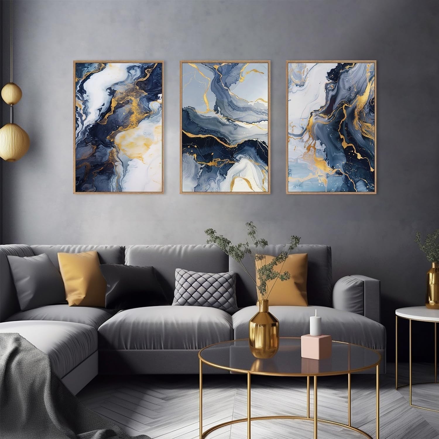 Blue Abstract Framed Canvas Wall Art Set 3 Modern Gold Navy Decor 16x24