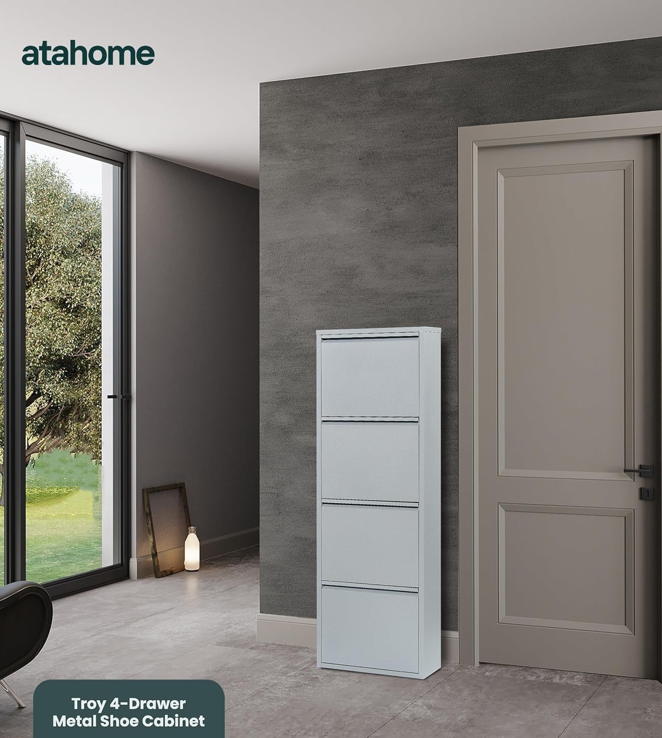 Slim Wall Mounted Shoe Cabinet 4-Tier Metal Storage Rack 138cm Grey