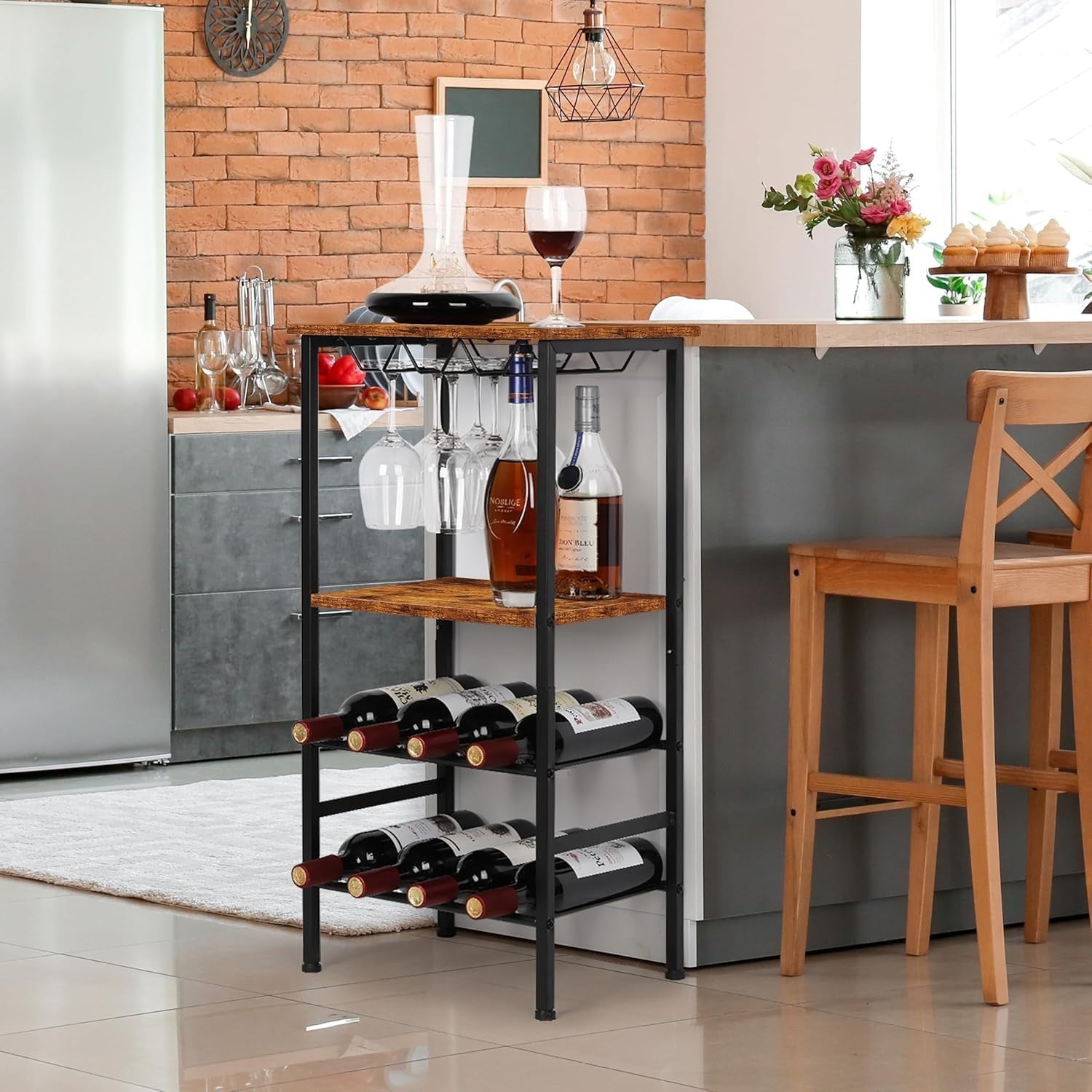 4-Tier Wine Rack with Glass Holder Rustic Bar Storage Shelf Free Standing Unit