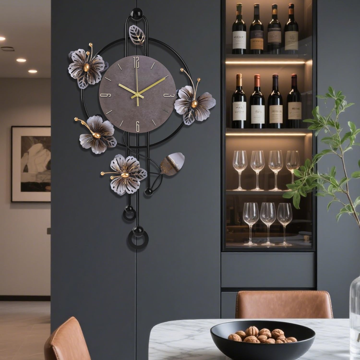 Large Wall Clock 75cm Modern Metal Floral Design Silent Quartz Pendulum Decor