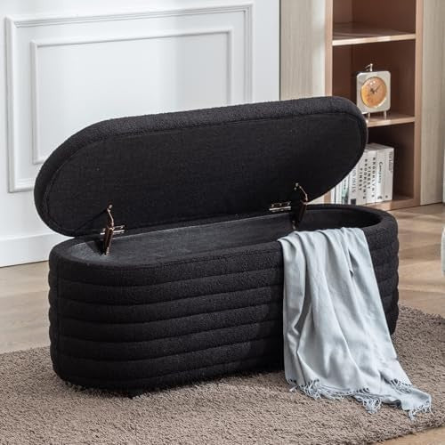 Black Faux Fur Upholstered Ottoman Storage Bench Wooden Frame Seat 115x43x46cm