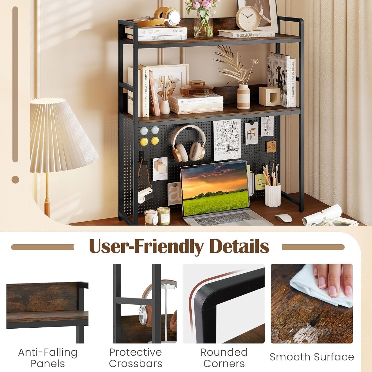 2-Tier Desktop Bookshelf Hutch Pegboard Monitor Shelf Rack Industrial Storage
