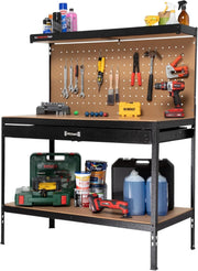 Heavy Duty Workshop Tool Bench Steel Frame Drawer Pegboard Shelves 230kg
