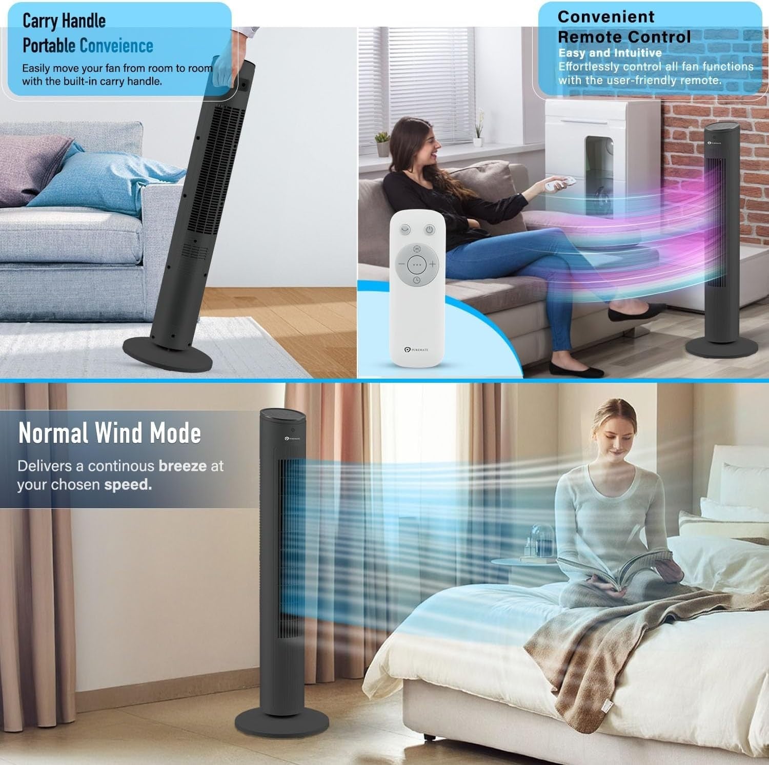 Cool Bladeless Tower Fan 43in – 3 Speed Remote Control Quiet Standing Fan Black