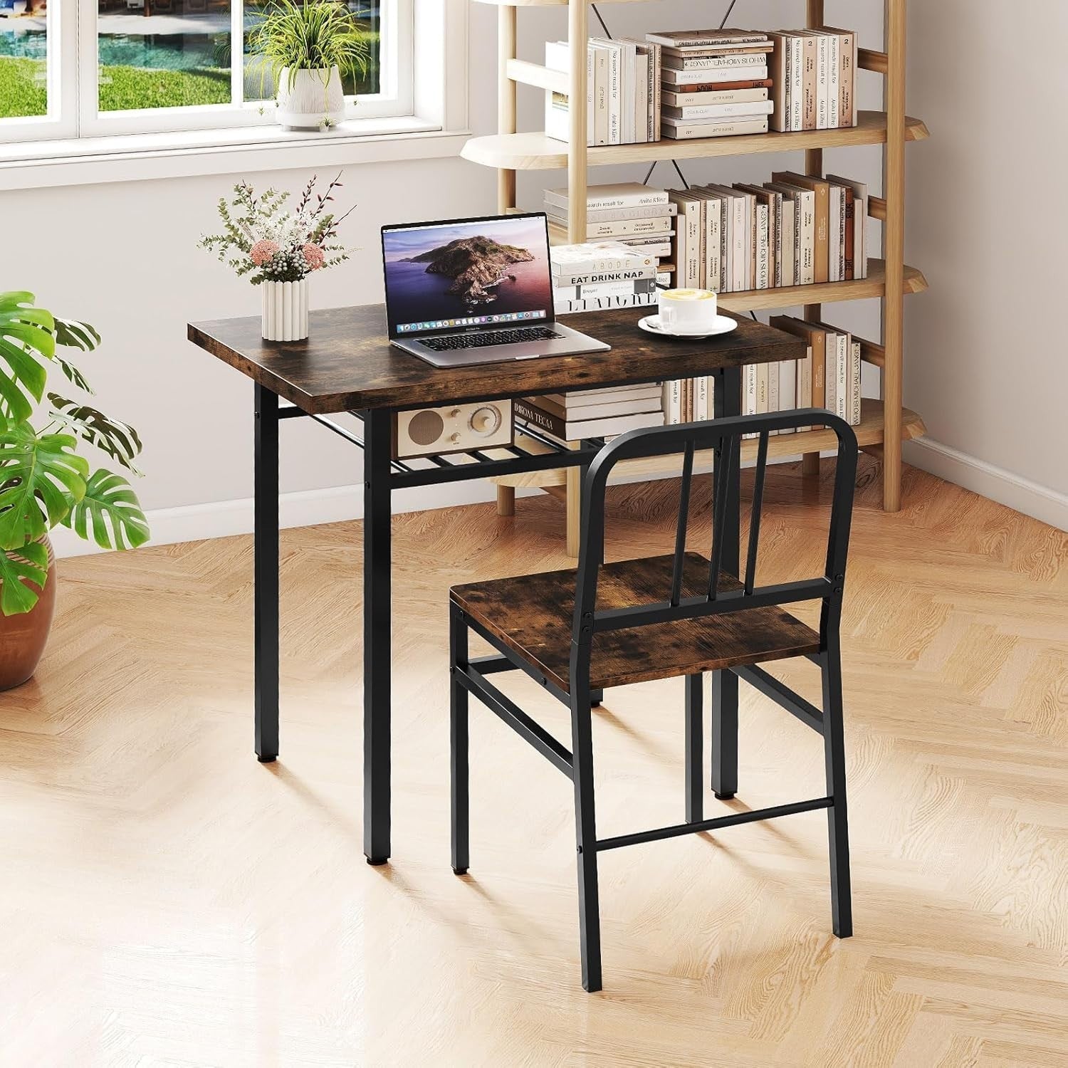 Rectangular 3-Piece Kitchen Dining Set with Storage Rack & Metal Frame Chairs