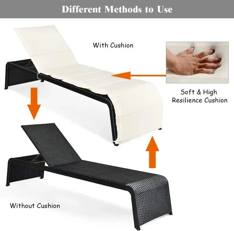 Rattan Sun Lounger Reclining Patio Chaise Bed Adjustable Waterproof Cushion