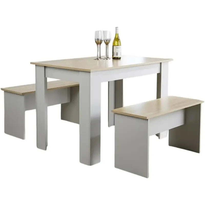 2 Bench Dining Set Grey Oak Effect Compact Table Seats 4 Kitchen Room