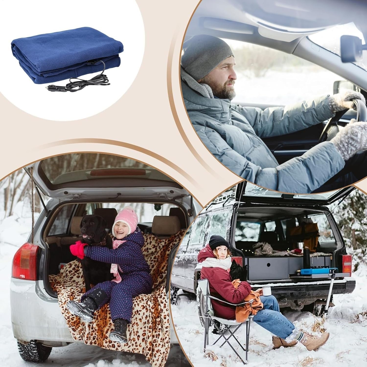 12V Electric Heated Car  Blue Blanket Throw 3 Heat Levels Travel Camping Warm