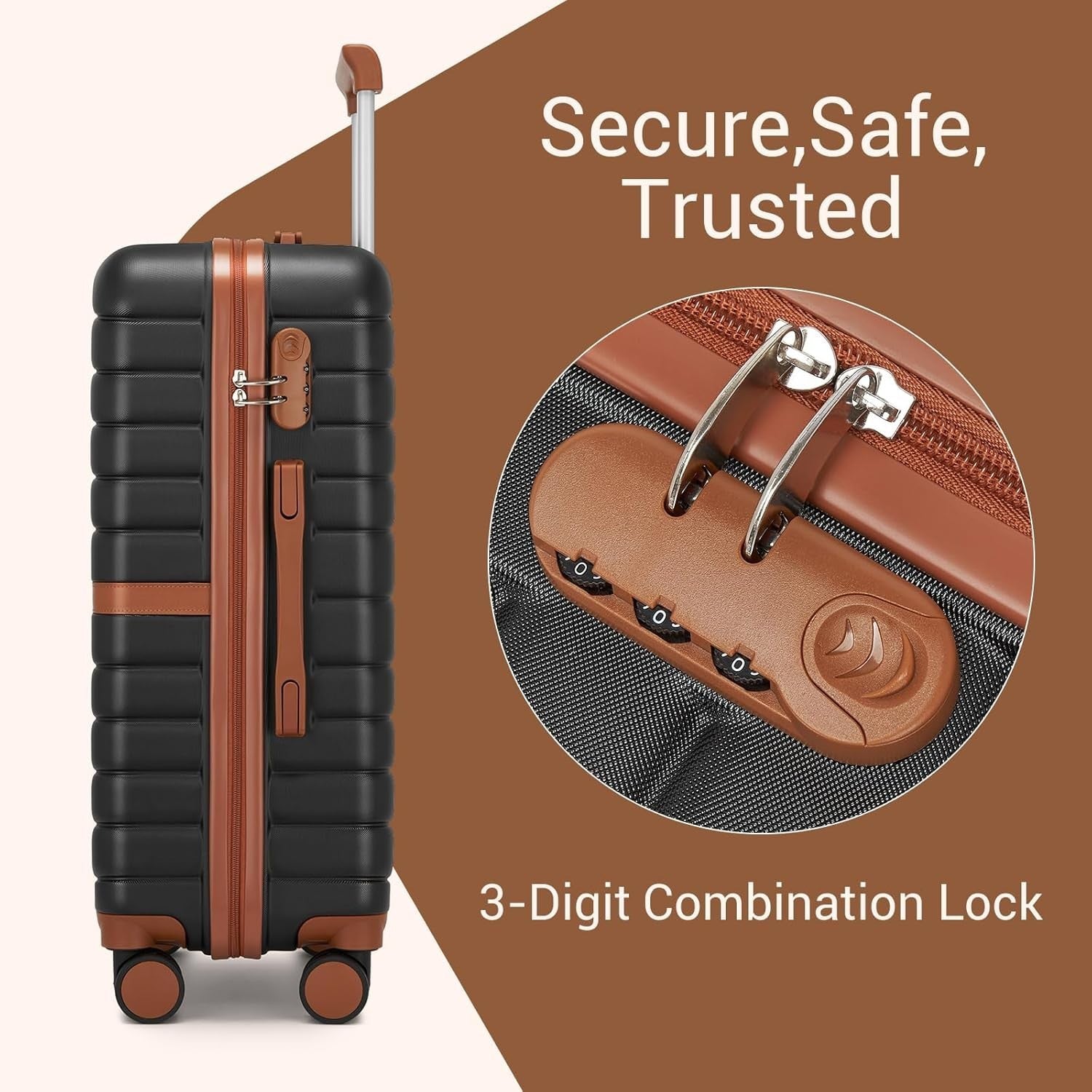 24'' Black Brown Check In Suitcase ABS PC Hard Shell Spinner Wheels Lock