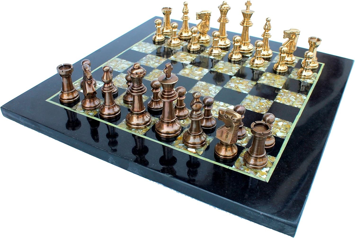 15" Black Marble Chess Set Mother of Pearl Board Brass Pieces Luxury Decor Gift