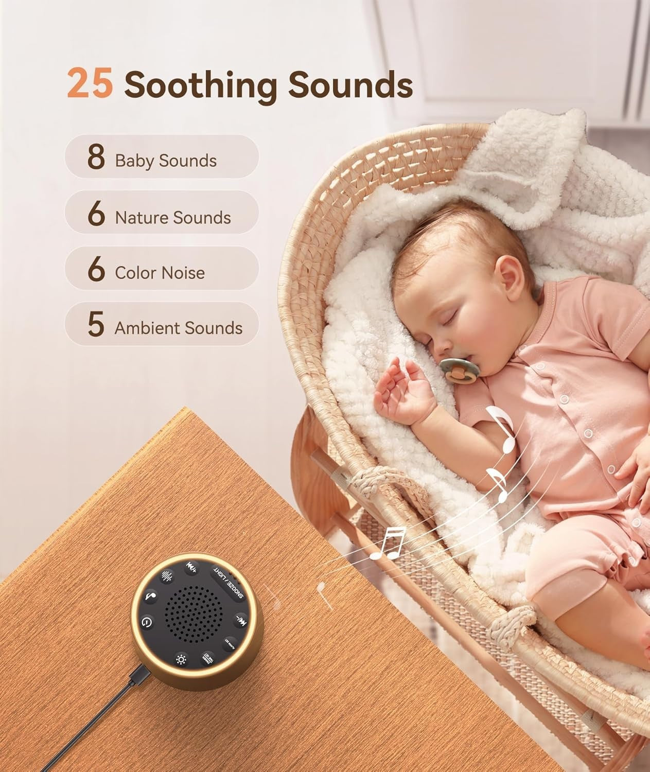 Black Noise Machine for Sleep – 25 Soothing Sounds, Night Light, Timer, Travel