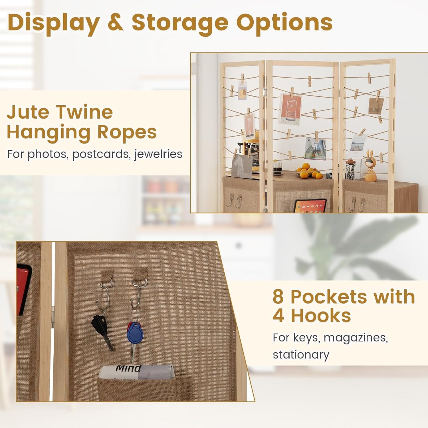 3 Panel Fabric Folding Room Divider with Hooks & Storage Pockets 120x170cm