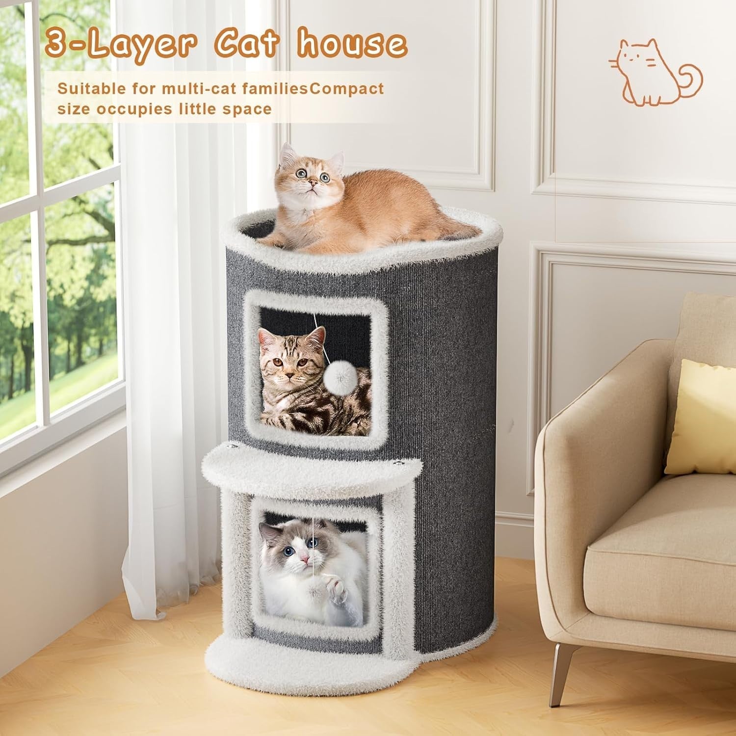 2 Tier Cat House Condo Large Cat Cave Bed w Scratch Pad Hanging Ball