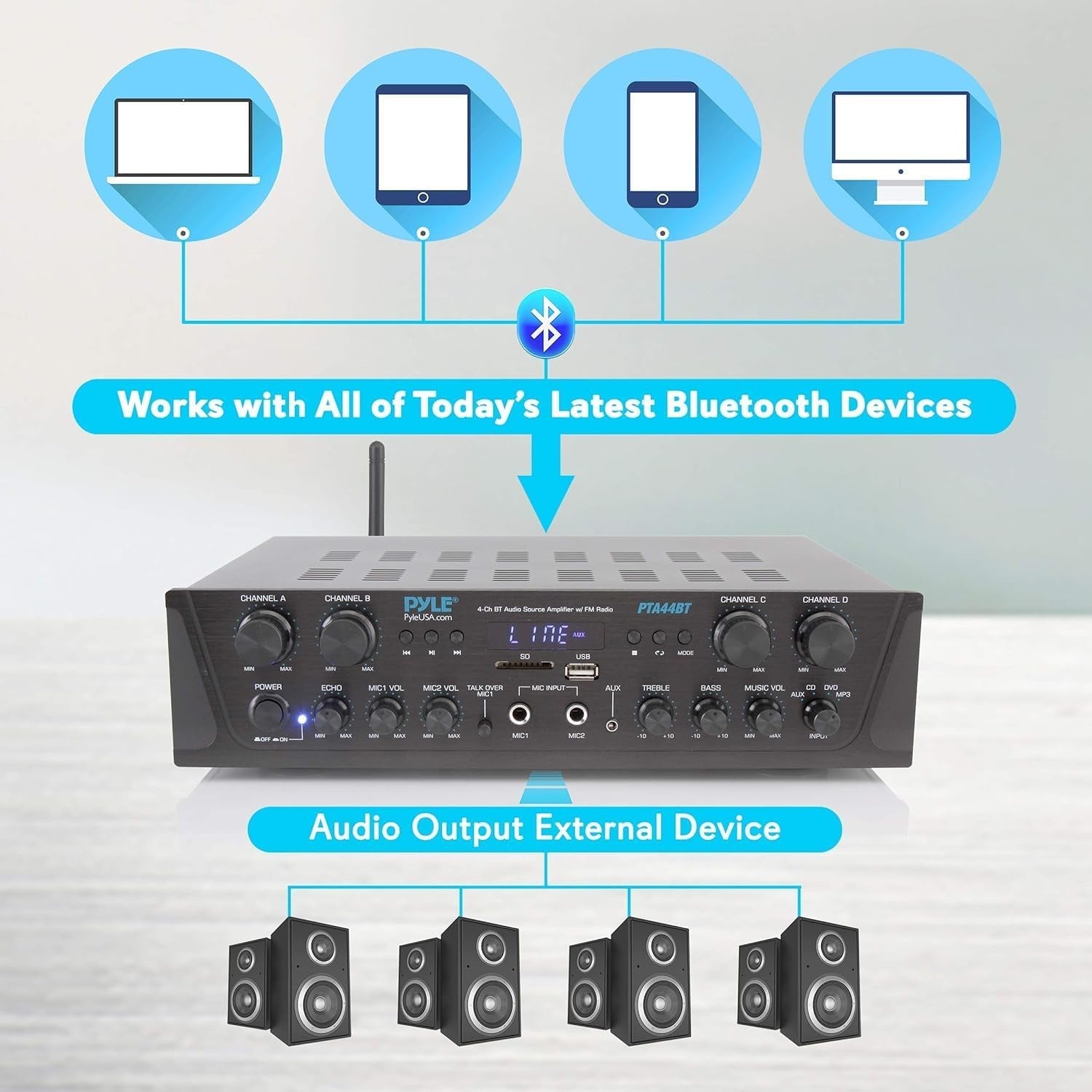 Bluetooth 4-Channel Amplifier 500W HiFi Stereo AUX USB Mic