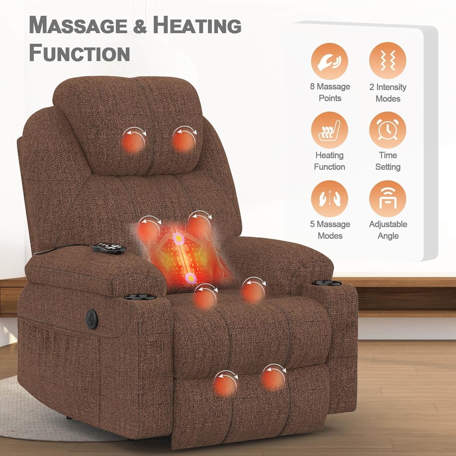 Set of 2 Power Lift Recliner Chairs Massage Heat USB-C Footrest Fabric Brown