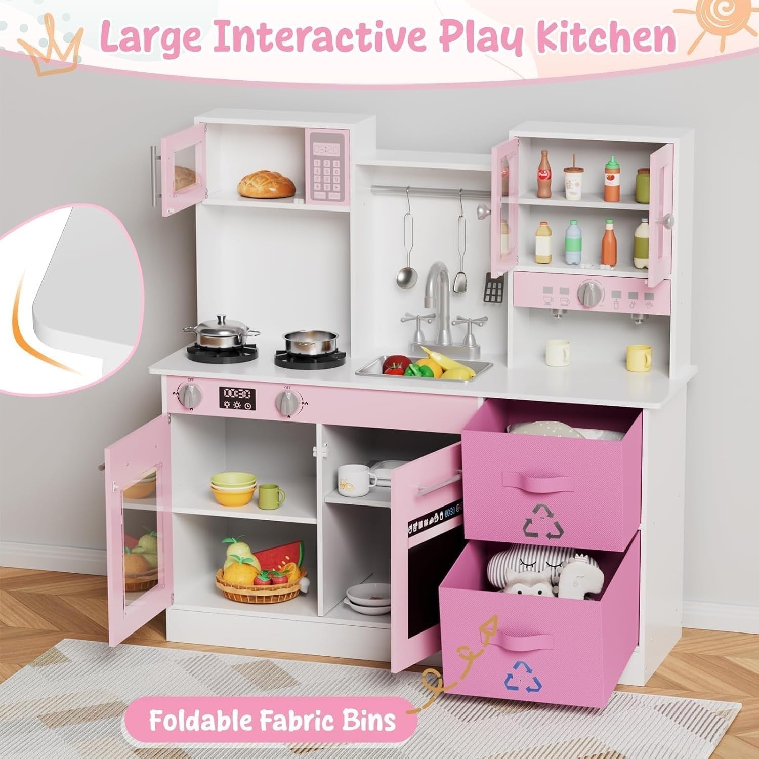Kids Wooden Play Kitchen Set w/ Lights Sounds Microwave Sink Pink