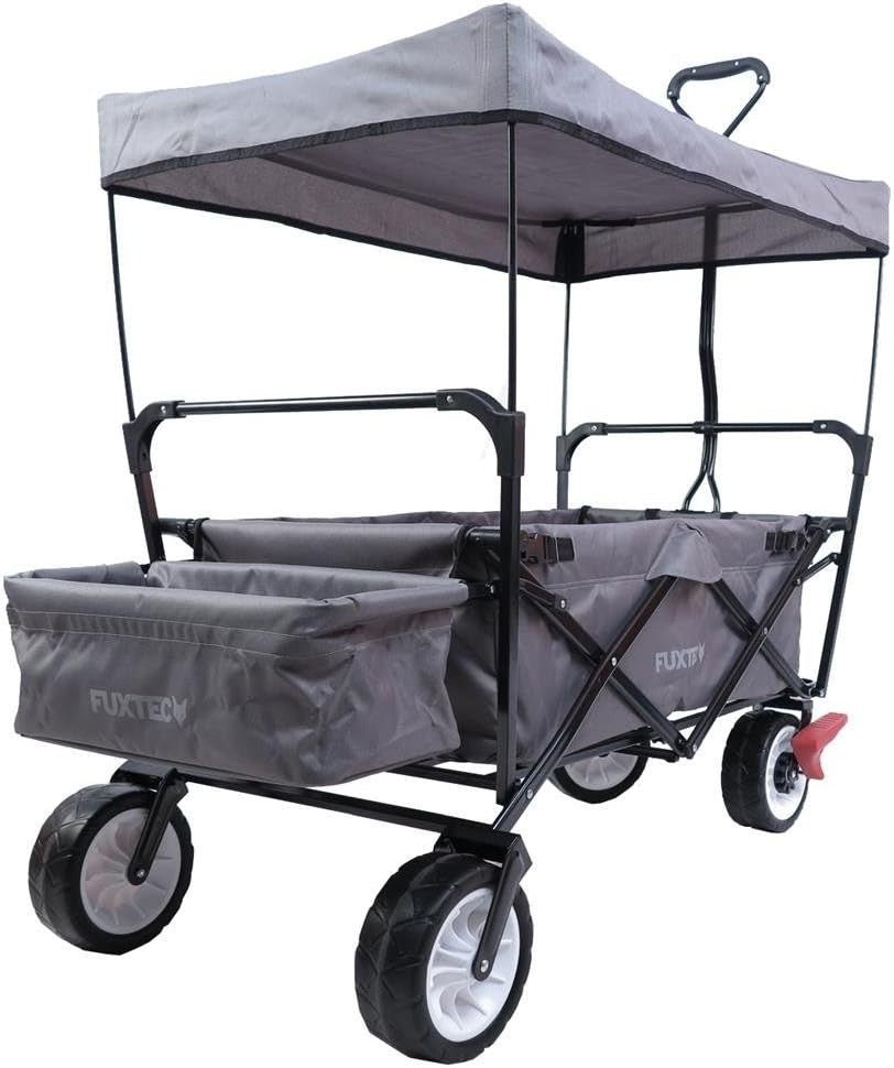 Grey Folding Wagon w/ Canopy Compact Pull Cart Garden Trolley w/ Rear Bag