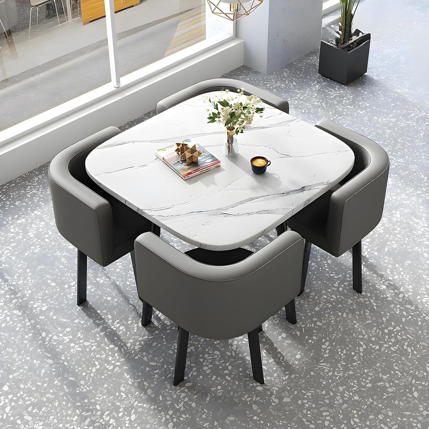 Modern 5-Piece White Dining Table Set with 4 Reclining Faux Leather Chairs