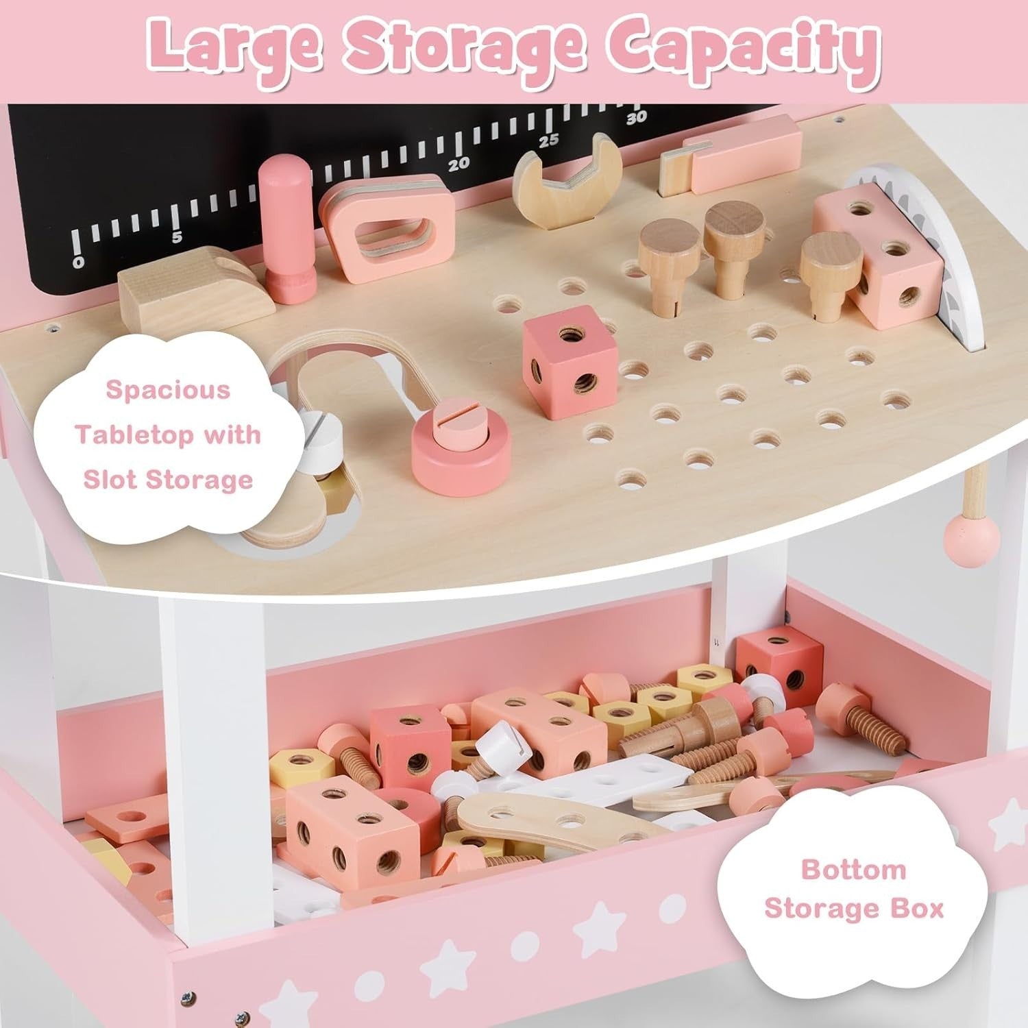 Pink Wooden Kids Workbench Tool Set 75pcs w/ Blackboard Clock Storage 50x29