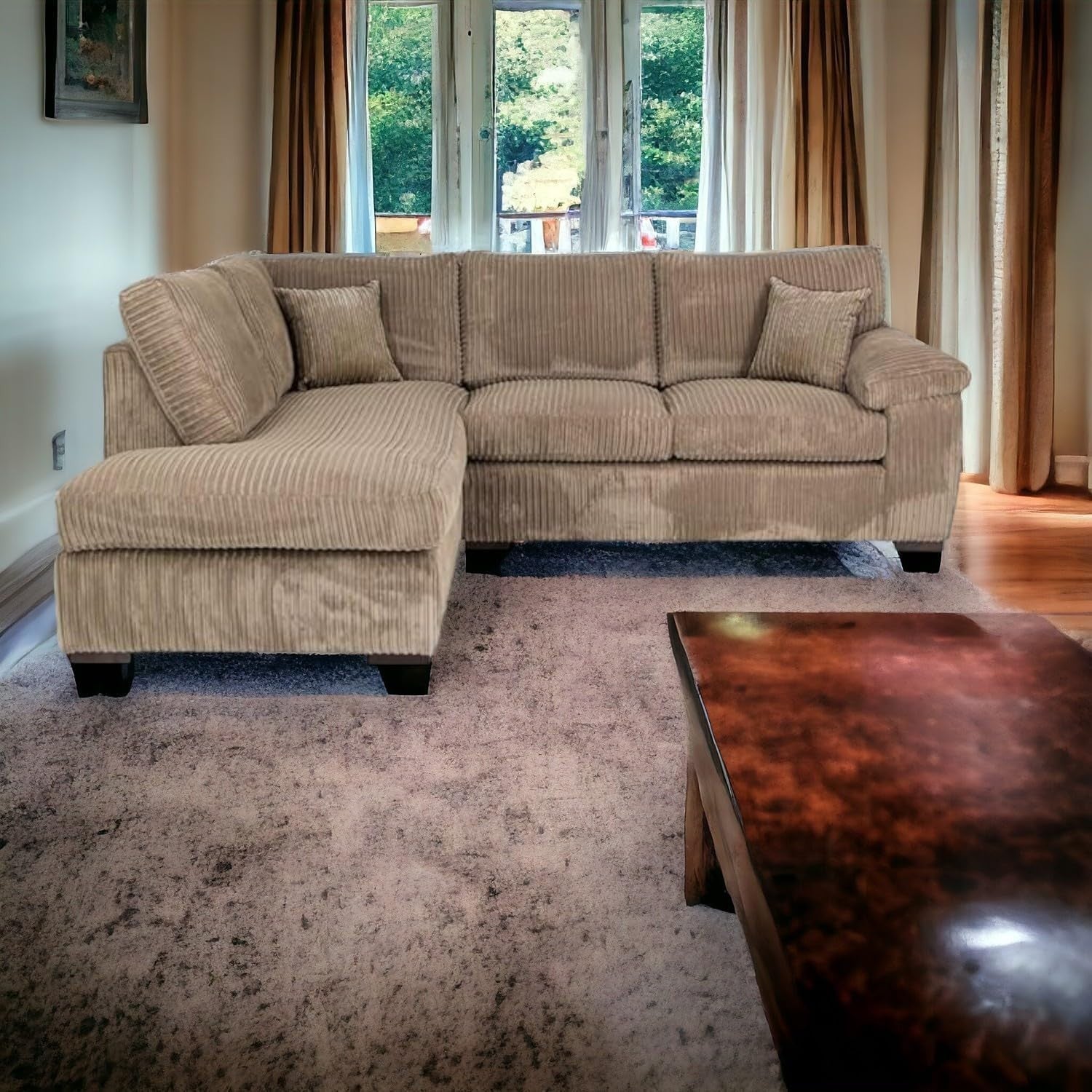 L Shaped Cord Sofa 4 Seater Left Corner Beige | Comfy Large Lounge Set