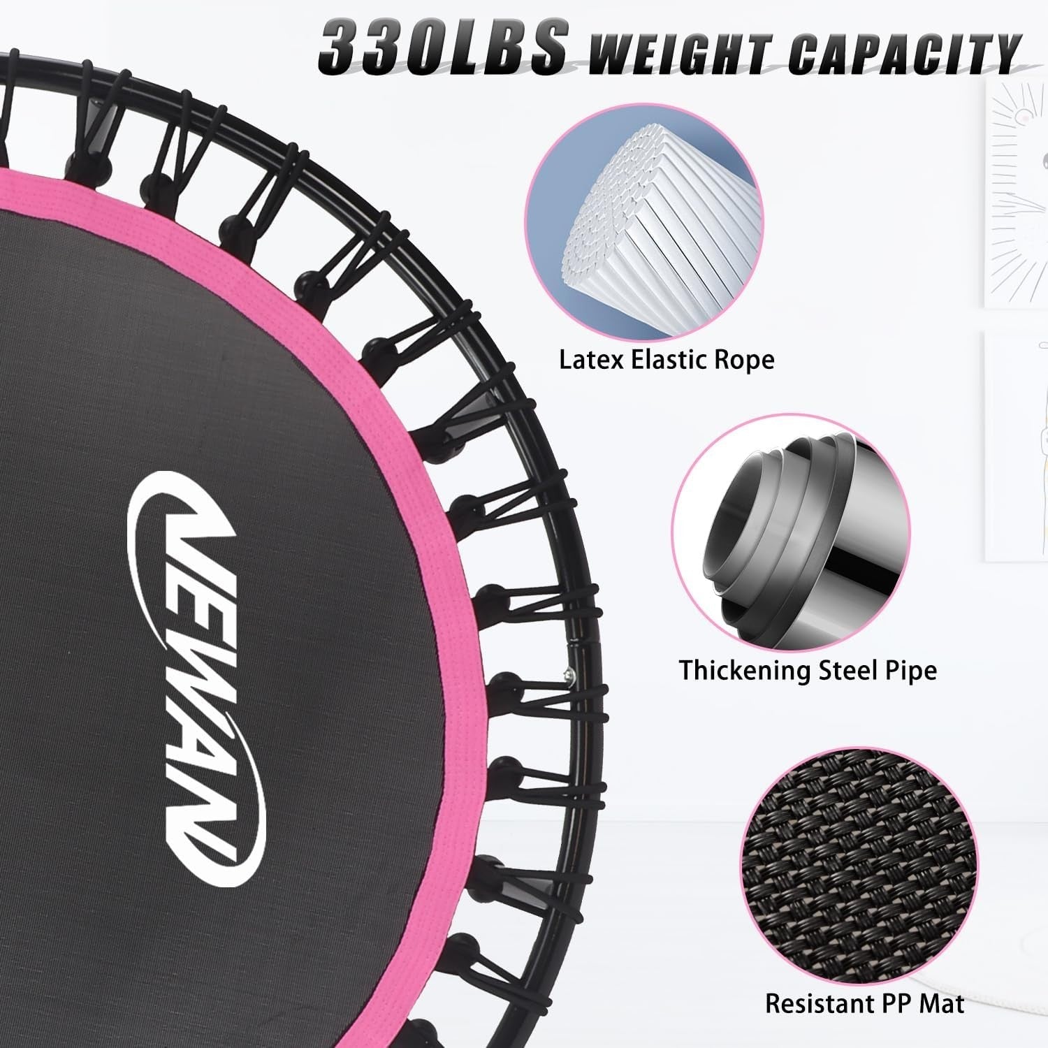 48in Silent Fitness Rebounder Adjustable Handle Indoor Cardio 150kg