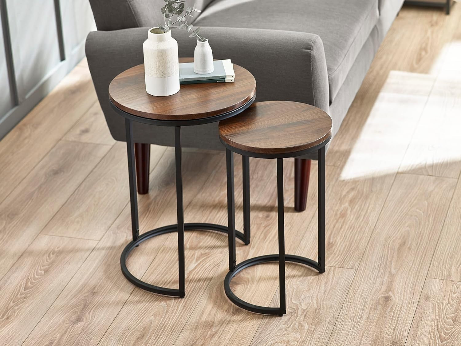 Walnut Effect Round Side Table Metal Frame Living Room Modern Minimalist