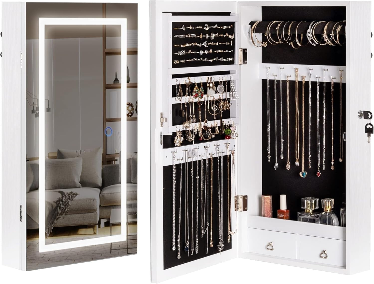 White LED Mirror Jewellery Cabinet Wall Door Mounted Lockable Storage