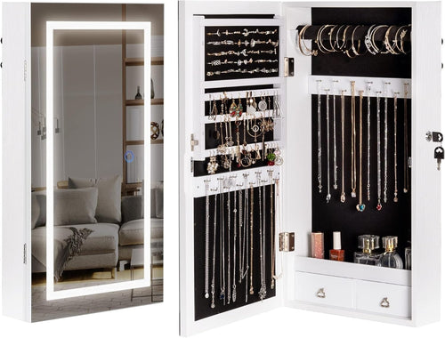White LED Mirror Jewellery Cabinet Wall Door Mounted Lockable Storage