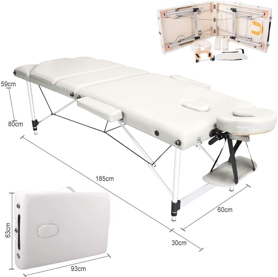 Portable 3 Section Massage Table Aluminium Foldable Therapy Bed 60cm Beige