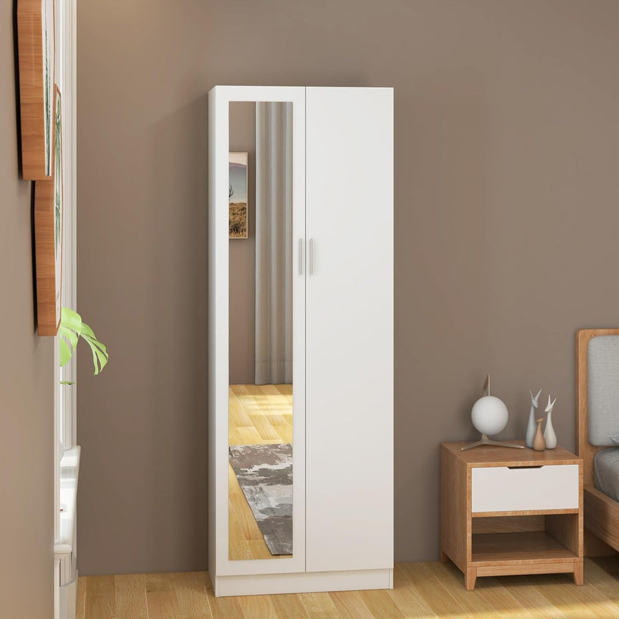 Tall White Mirrored Wardrobe 2 Door Closet Storage with Hanging Rail