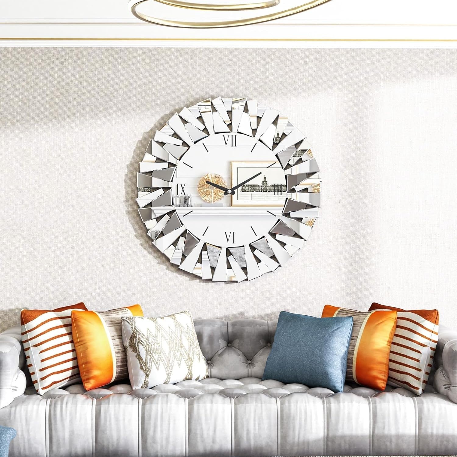 80cm Bevelled Mirror Wall Clock Silent Roman Luxury Glass Decor Round