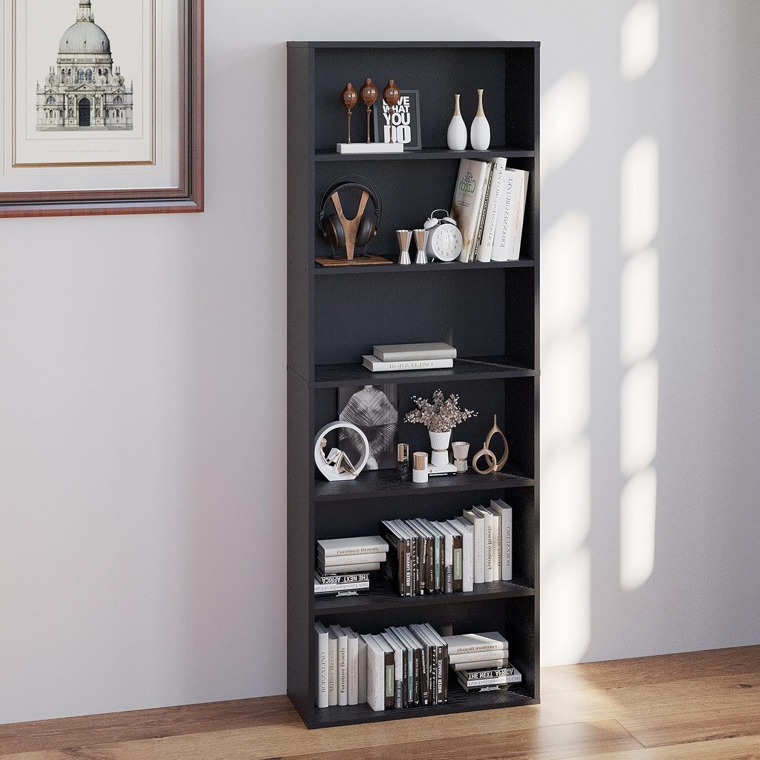 6-Tier Large Black Bookcase Tall Wooden Shelf Unit Modern Home Office Storage