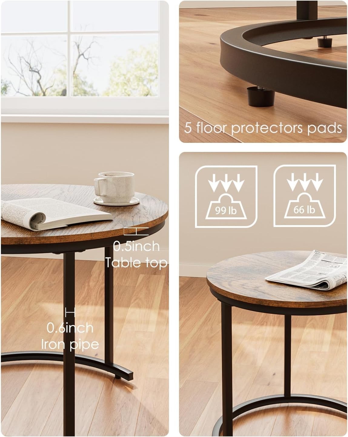 Nest of 2 Round Coffee Table Set Rustic Brown Industrial Easy Assembly