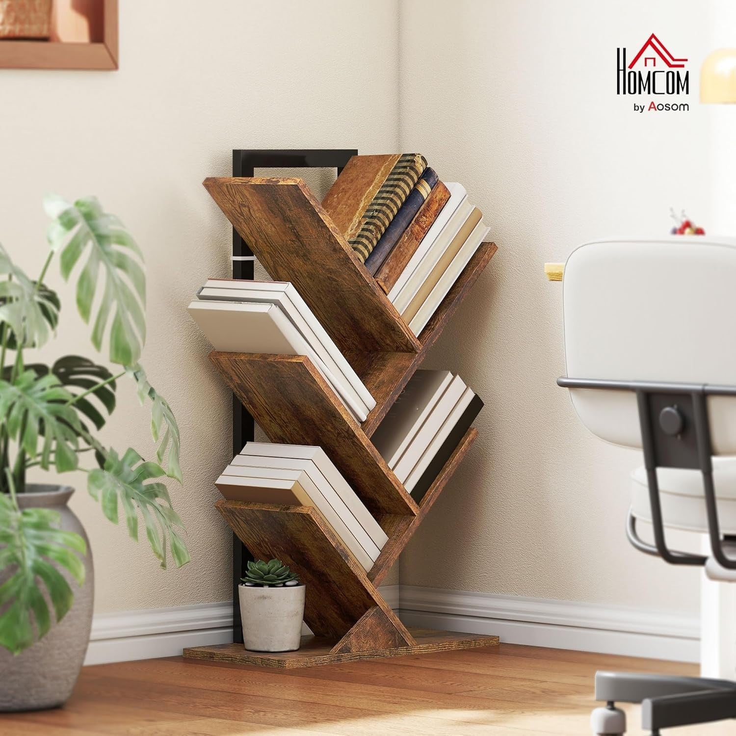 Industrial 5-Tier Tree Bookshelf with Steel Frame, Compact Storage Unit