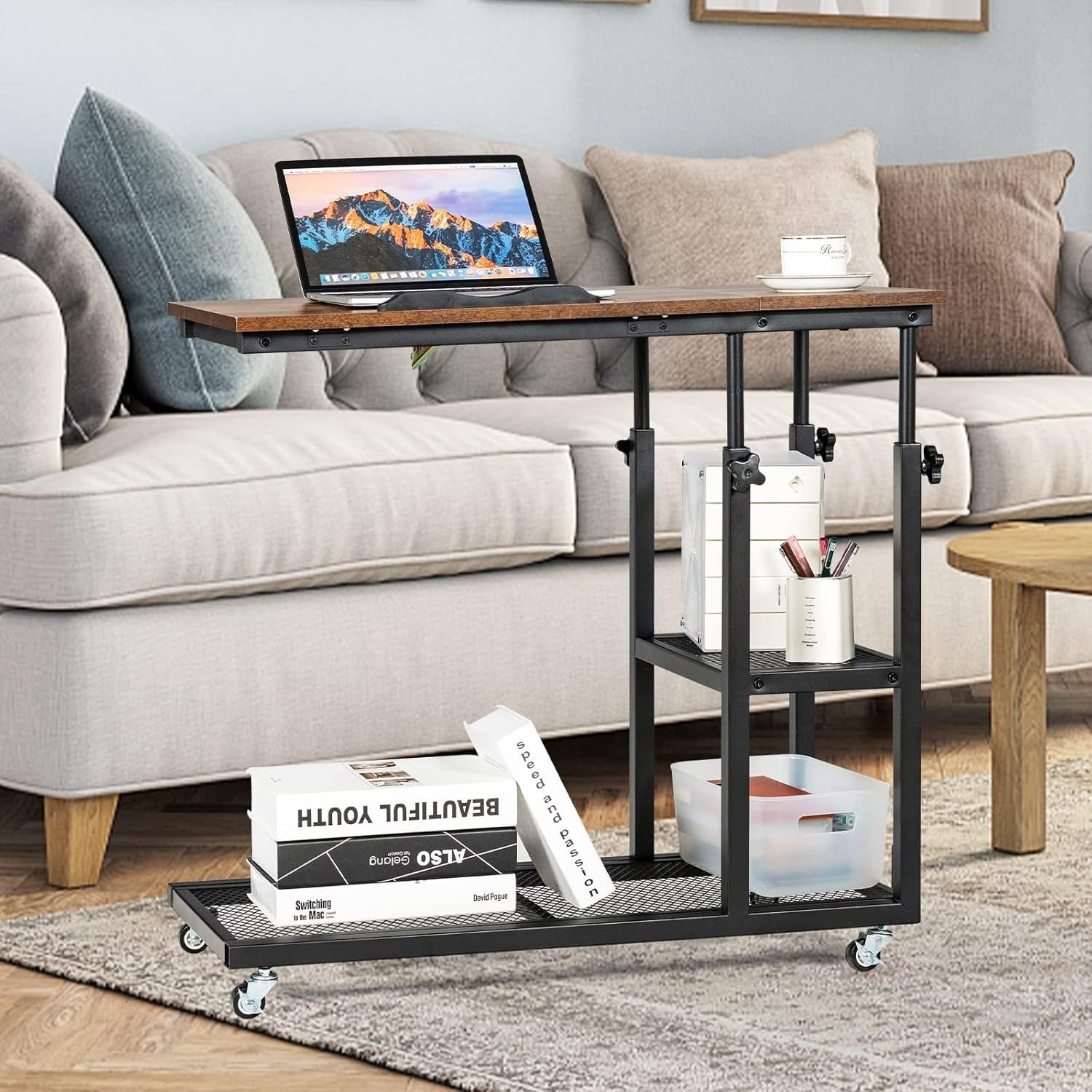 Rustic Brown Overbed Table with Wheels Adjustable Sofa Side Laptop Desk
